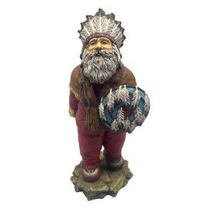 Christmas Santa figurine Native shield head dress red brown rock 9" READ